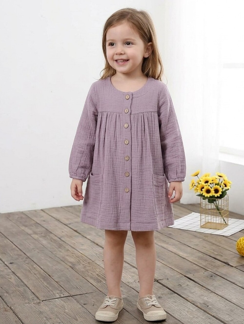 ​Boho Girl Dusty Purple Muslin Cotton Long Sleeve Dress Pocket Button Up Sz 4-5Y